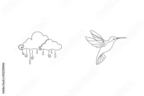 Minimalist line art of hummingbird and rain cloud in a simple monochrome design