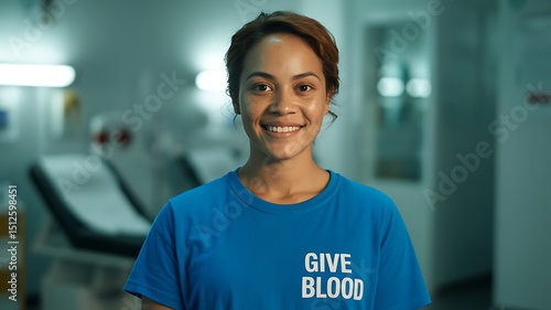 Portrait of a smiling woman in a blue give blood t shirt in a medical environment