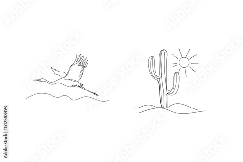 Minimalist line drawing of crane flying above desert landscape and cactus sun illustration