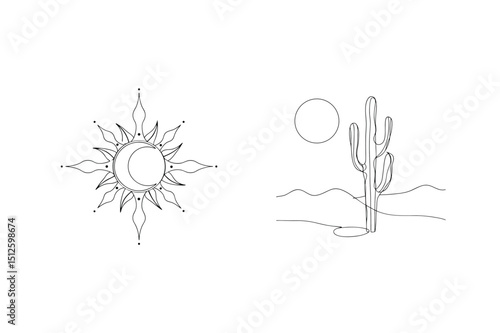 Minimalist line art celestial sun moon desert cactus illustration in black and white