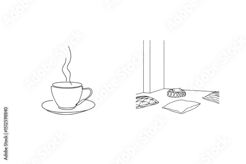 A minimalistic line drawing illustrating a steaming cup of coffee and floor cushions