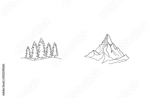 Simple line art illustration of coniferous trees and a majestic mountain peak