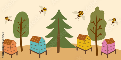 Beekeeping farm in the forest. Bee farm in forest.
