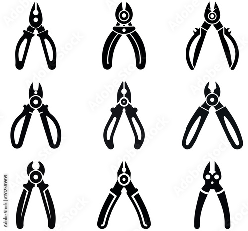  Pliers and Wire Cutter Tool Icon Set - Hand Tool Silhouettes