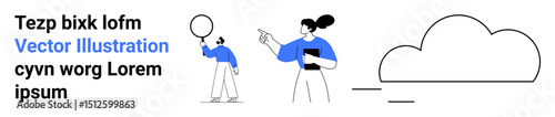 Two figures in modern attire interacting with abstract shapes, cloud element, and text layout. Ideal for business, data, teamwork, presentation, creativity, modern design simple landing page