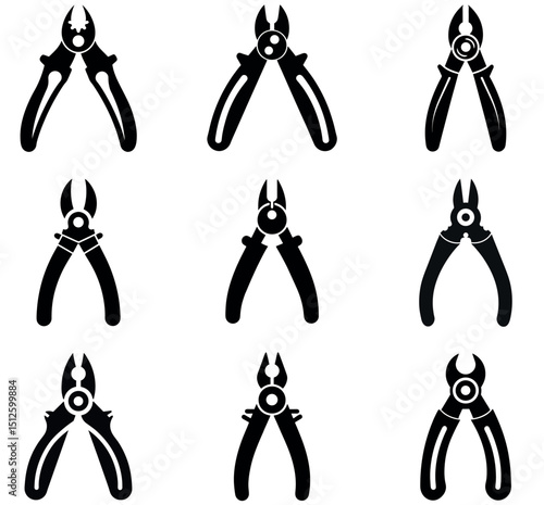 Pliers and Wire Cutter Tool Icon Set - Hand Tool Silhouettes