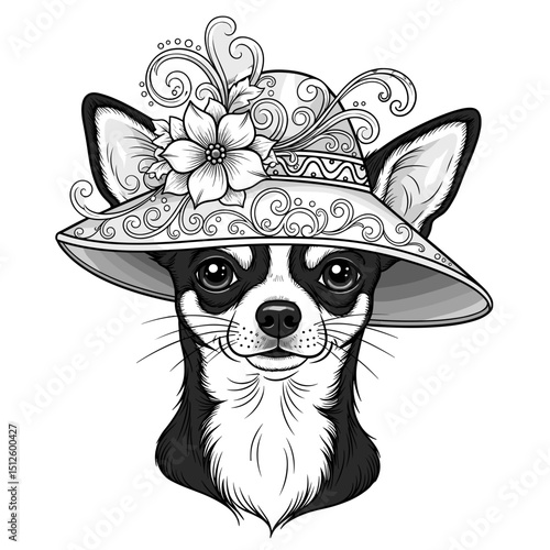 Black and white illustration of a Chihuahua wearing a hat with flowers  