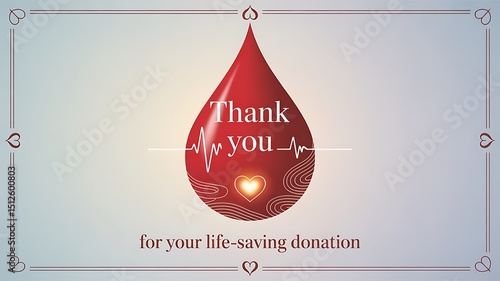 A thank you message for blood donation with a red blood drop and heart accents
