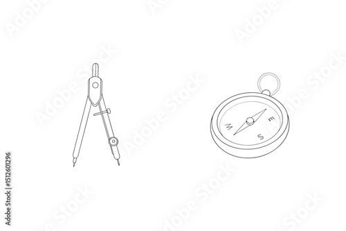 Two black outline illustrations of compass and divider instruments for navigation and design