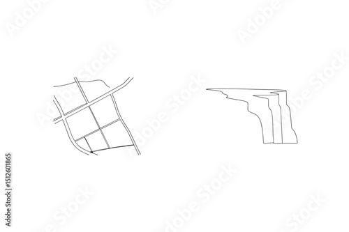 Minimalist line drawings of a city street grid and a rugged cliff face silhouette.