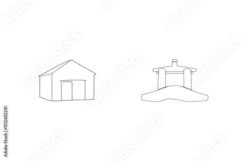 Minimalist outline illustrations of a rural barn and japanese traditional shrine on white background