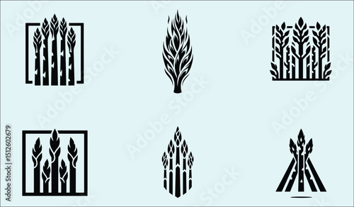 Collection of Six Asparagus Vegetable Logos in Black and White Isolated on Blue