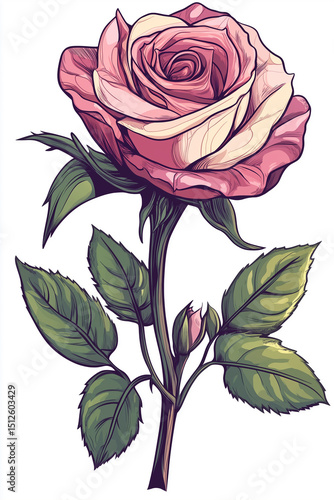 Beautiful Pink Roses with Green Leaves on White Background – Floral Illustration Design

