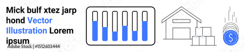 Bar chart tracking data, warehouse building, stacked boxes, falling coin for financial growth. Ideal for analytics, finance, supply chain, logistics, ecommerce planning simple landing page