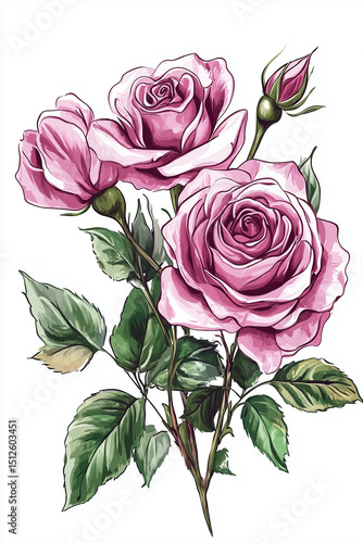 Beautiful Pink Roses with Green Leaves on White Background – Floral Illustration Design

