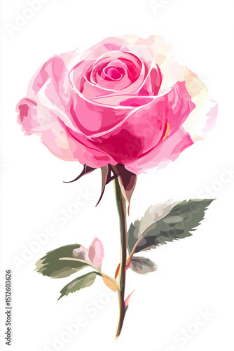 Elegant Pink Rose Botanical Illustration with Soft Velvet Petals and Romantic Garden Detail


