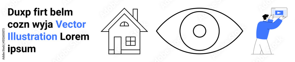 House, eye, person holding screen with blue video icon. Ideal for technology, vision, creativity, smart homes, user interface, design concepts simple landing page House, eye, person holding screen with blue video icon. Ideal for technology, vision, creativity, smart homes, user interface, design concepts simple landing page