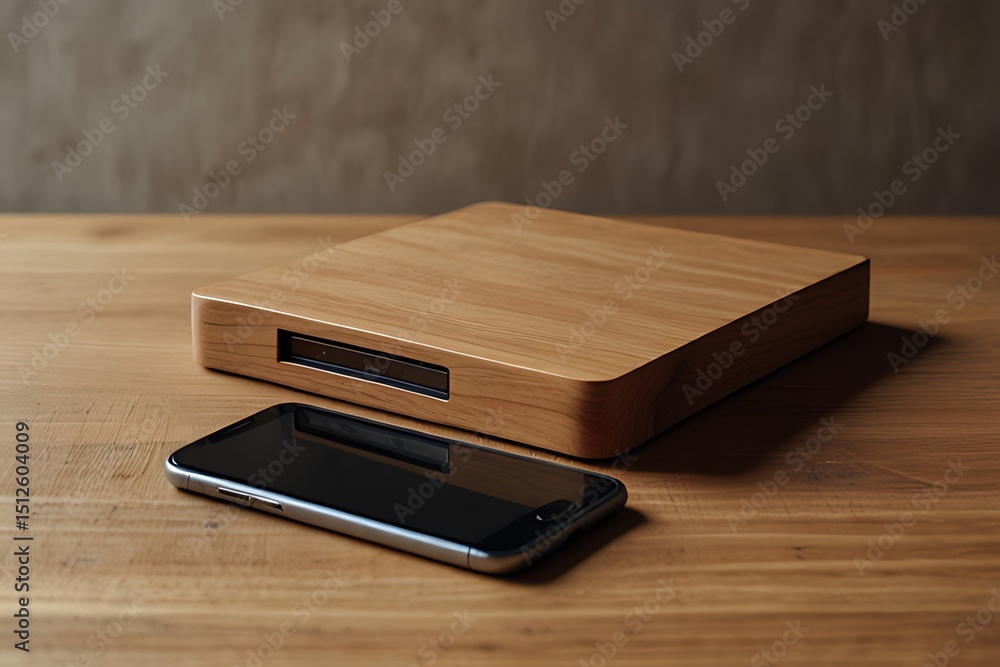 Modern minimalist wooden digital device on table. Modern minimalist wooden digital device on table.