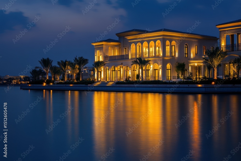 Fototapeta premium Glistening Waterfront Villa at Night: A Luxurious Modern Home with Pool and Stunning Exterior