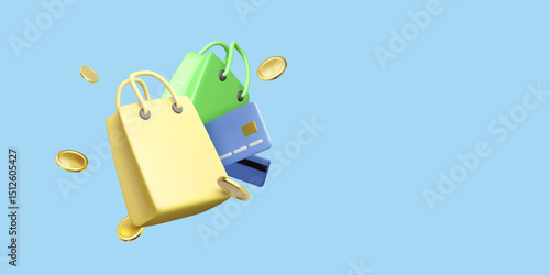 Shopping Bags, Coins, and Credit Card 3D Render on Blue Background. Perfect for Finance, Retail, E-Commerce, and Mobile App Concepts. Trendy Colorful Vector