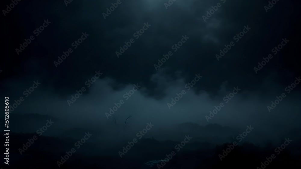 A dark and moody landscape with heavy clouds and fog obscuring the distant horizon and trees A dark and moody landscape with heavy clouds and fog obscuring the distant horizon and trees