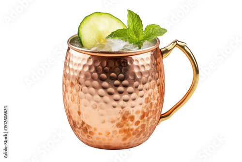 Refreshing cucumber mint moscow mule cocktail in copper mug isolated on transparent background