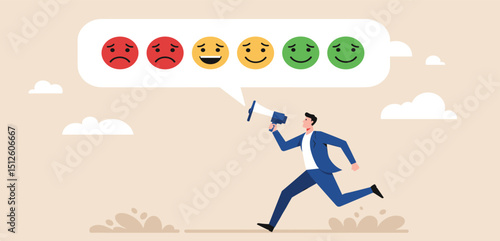 Customer satisfaction survey, service quality feedback, rating or opinion, user experience emoticon, angry or smile face review, client questionnaire concept
