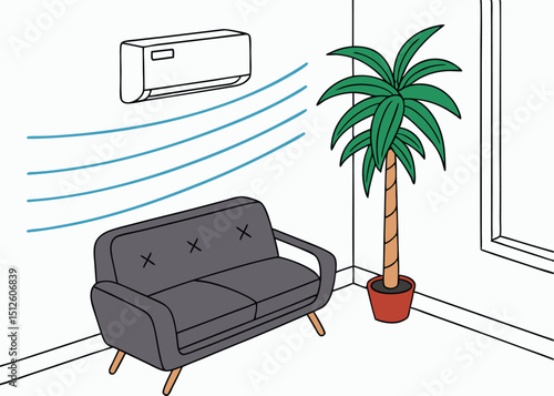 Modern living room with air conditioner and lush greenery