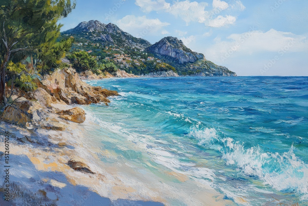 Fototapeta premium Scenic Beachfront at Eze Sur Mer: A Blissful Blend of Stone, Water, and Mountains in South of France