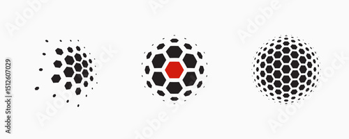 Set of dotted abstract shapes. Hexagonal halftone pattern. Half tone design elements in geometric tech style for logo, banner, web page, print, poster, business cards and template.