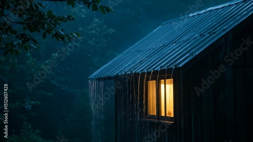 Cozy cabin in the rain at night
