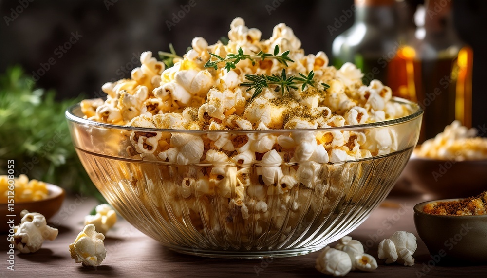 freshly popped gourmet popcorn with garlic butter and herbs arranged artfully in a glass bowl freshly popped gourmet popcorn with garlic butter and herbs arranged artfully in a glass bowl
