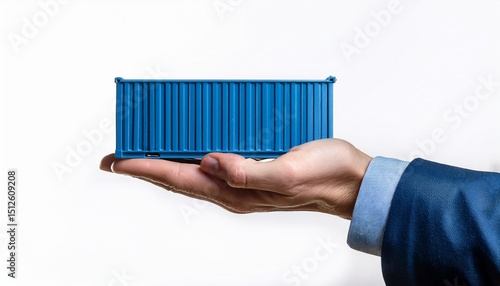 close up of a hand holding a miniature blue shipping container