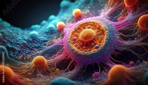 microscopic marvel a detailed abstract depiction of a singular cell showcasing intricate structures and scientific complexities evokes the marvels of life