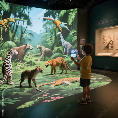 Child exploring interactive jungle exhibit with tablet, surrounded by AR animals in immersive educational museum display