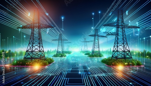 power grid and digital circuit a visual representation of modern technology and energy infrastructure the image merges the physical world of power lines and pylons with a digital circuit