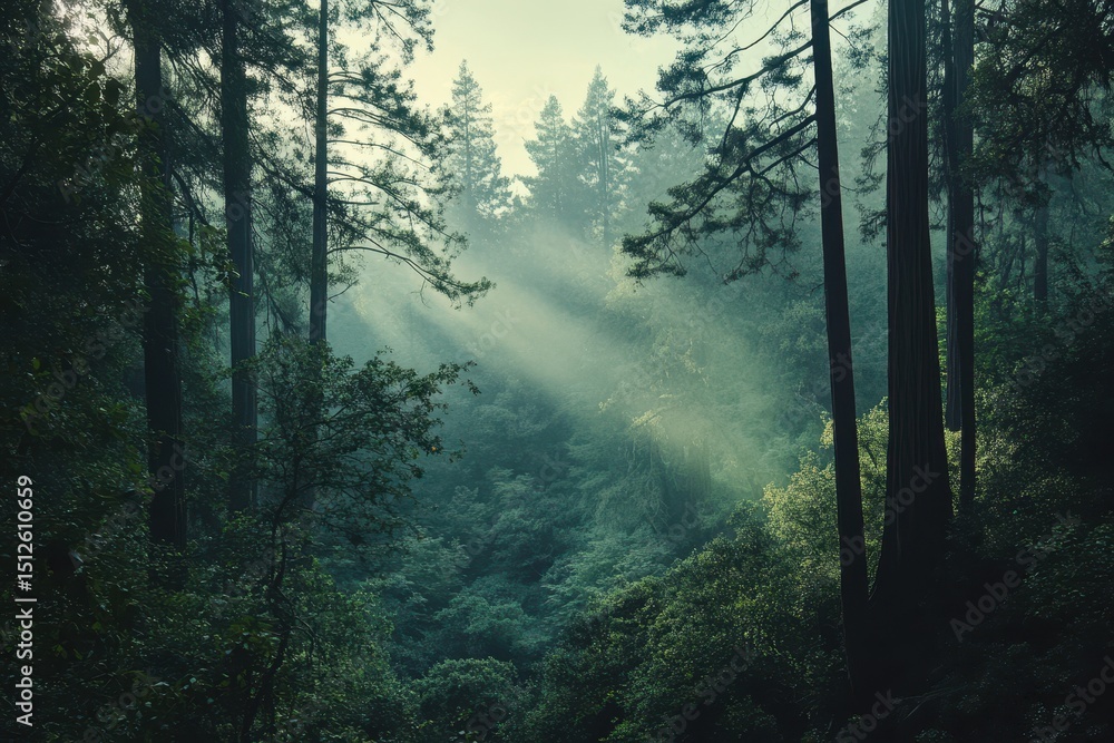 Fototapeta premium Majestic Redwood Canopy in California: A Tranquil Journey Through Nature's Sequoia Giants
