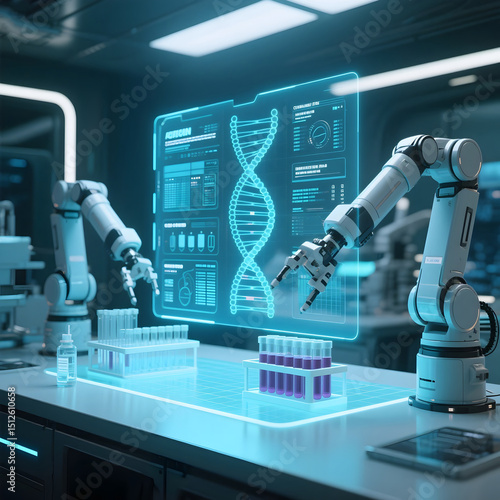 Futuristic AI-powered lab with robotic arms analyzing DNA samples and projecting holographic data in high-tech research facility