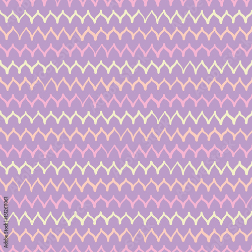 Curved arc pattern wallpaper backdrop. Doodle wavy line surface vector seamless in pink, yellow and orange over purple.