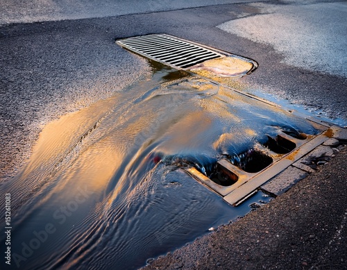 a slick of oil on an asphalt road drains into a storm sewer through a grate