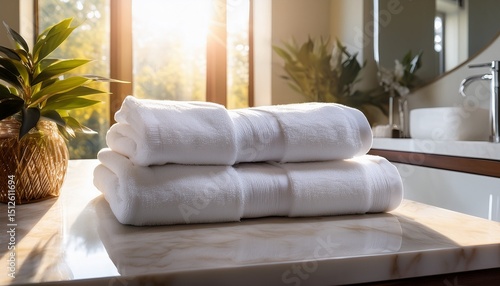 spa day luxury soft white towels stacked on marble counter bathroom elegance warm sunlight