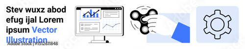 Data analytics dashboard on a monitor, hand holding a fidget spinner, gear icon. Ideal for productivity, focus, technology, business strategies, innovation, workflow simple landing page
