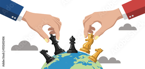 Geopolitics world country trade alliance, diplomacy with superpower nations, relationship or negotiation for trade war, tariff or sanction concept, hand playing chess to win geopolitics trade 