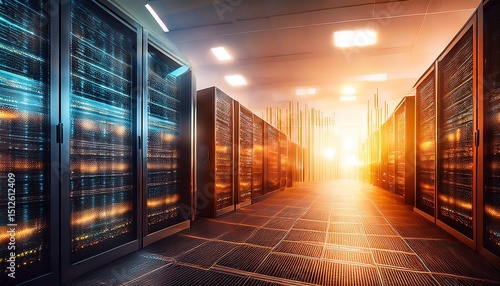 data center innovation futuristic image a server rack is bathed in the warm light of sunrise with glowing digital overlay hinting at advanced technology and data processing capabilities