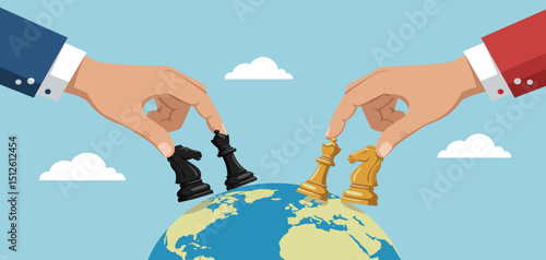 Geopolitics world country trade alliance, diplomacy with superpower nations, relationship or negotiation for trade war, tariff or sanction concept, hand playing chess to win geopolitics trade 