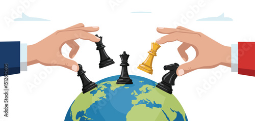 Geopolitics world country trade alliance, diplomacy with superpower nations, relationship or negotiation for trade war, tariff or sanction concept, hand playing chess to win geopolitics trade 