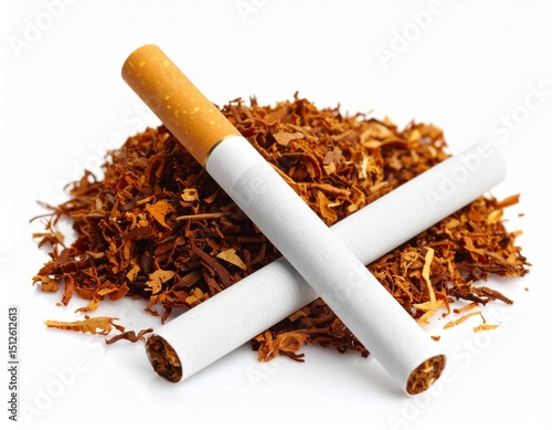 Nicotine Addiction: Two cigarettes rest atop a mound of shredded tobacco, inviting viewers to a stark illustration of tobacco products.