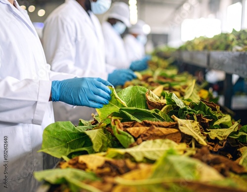Tobacco Leaf Processing: Workers in protective gear meticulously inspect and sort tobacco leaves on a conveyor belt in a tobacco processing facility.