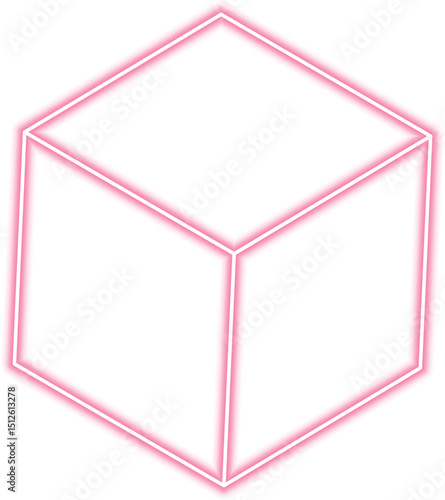 Geometric block outlined in neon lines featuring trapezoid sides that emphasize angled perspective and structural depth.