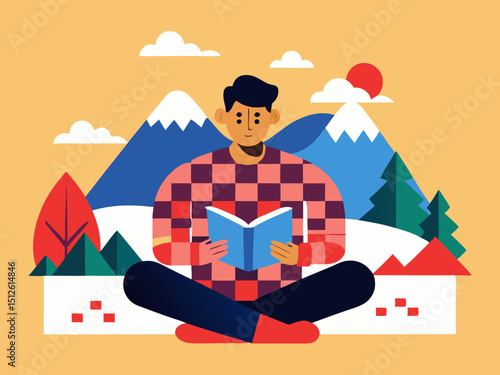 Modern flat vector of person reading in nature surrounded by mountains and pine trees